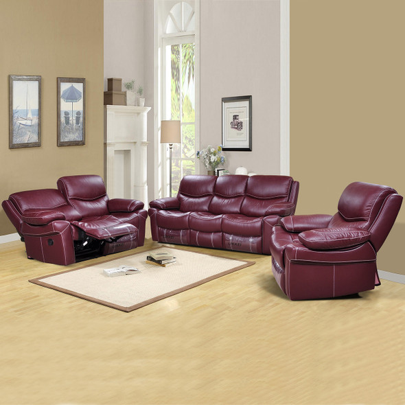 Claret 3-Piece Cow Leather Reclining Living Room Set with Sofa Loveseat