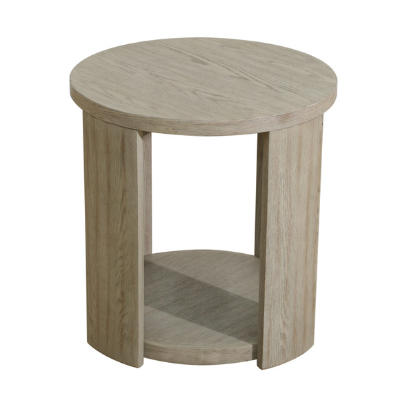 Walnut MDF and Oak Round Side Table with Lower Shelf and Integrated Drawer Shelf