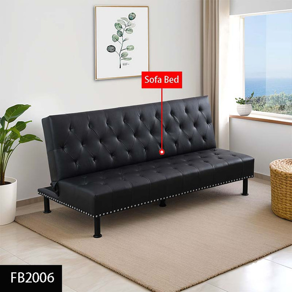 Black Faux Leather Convertible Sleeper Sofa with Adjustable Construction
