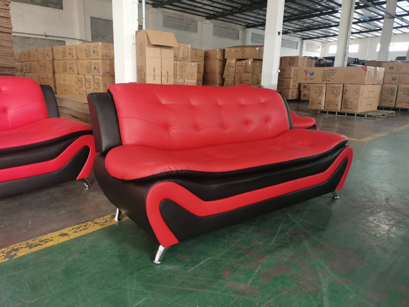 Red and Black Faux Leather Sofa with Tufted Back and Chrome-Finished Legs