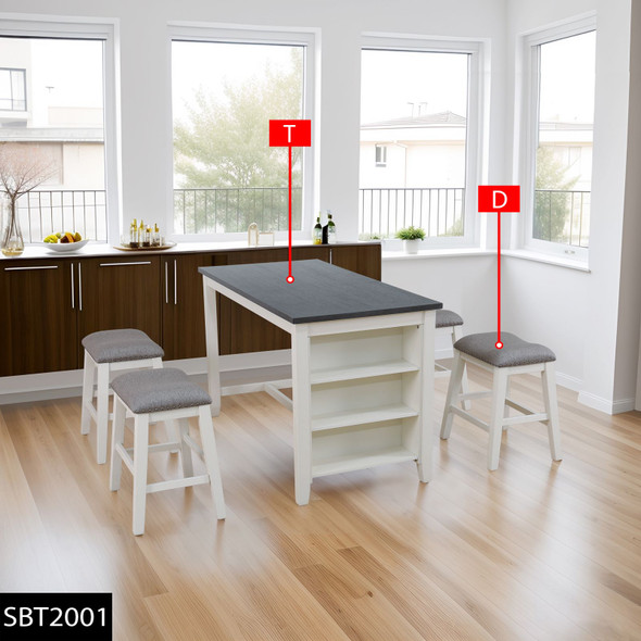 White Oak and Black MDF 5-Piece Counter Height Dining Set with 4 Gray Linen Upholstered Stools