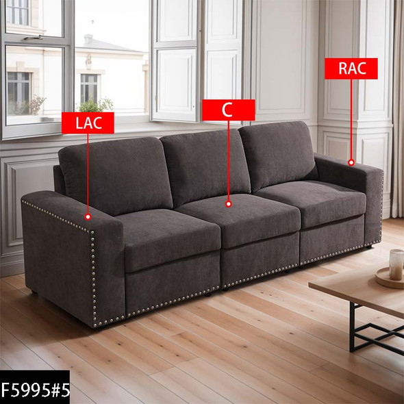 Brown 3-Piece Flannel Modular Sofa with Track Arms and Nailhead Trim and Support