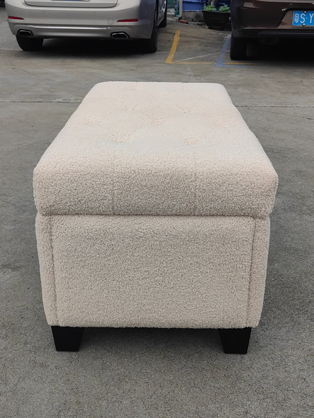 Light Beige Sherpa Upholstered Storage Bench with Tufted Cushion and Tapered