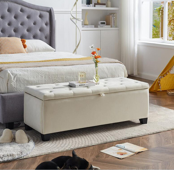 48-Inch Beige Linen Button-Tufted Storage Bench with Safety-Close Hinges