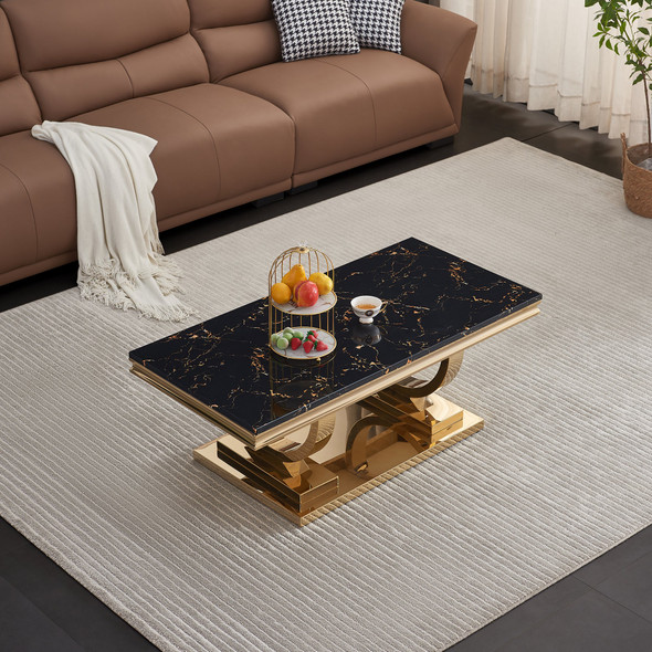 White Gold Stone-Look MDF Coffee Table with Metal Base