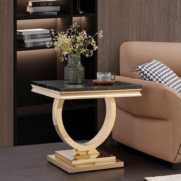 White Silver Stone-Look MDF End Table with Metal Base