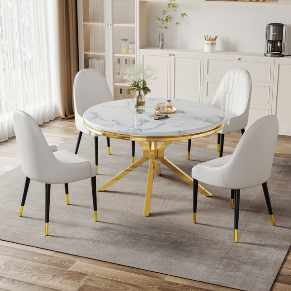 White Silver Premium Stone-Look MDF Round Dining Table