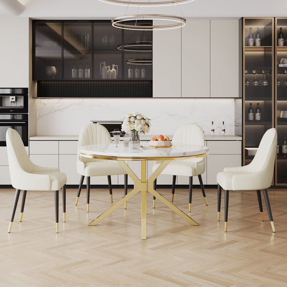 White Silver Premium Stone-Look MDF Round Dining Table
