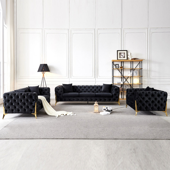 Black Velvet Upholstered Loveseat with Solid Wood Structure