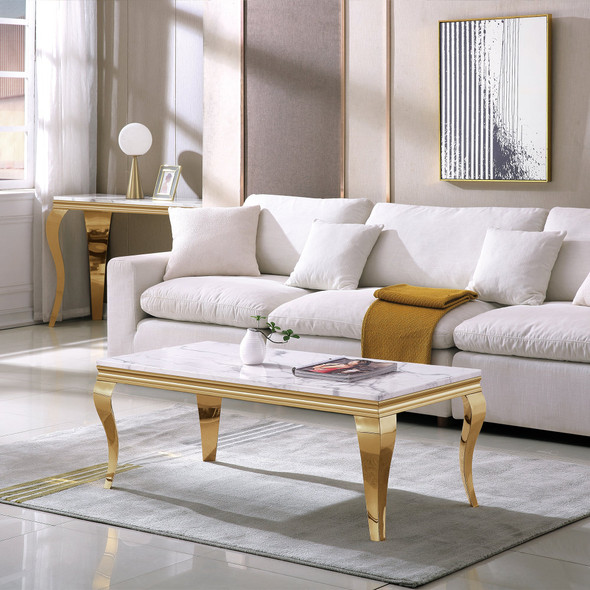 White Gold Stone-Look MDF Coffee Table with Metal Base