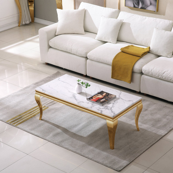 White Gold Stone-Look MDF Coffee Table with Metal Base