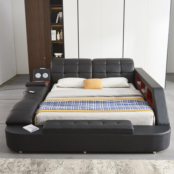 Black Leather Upholstered King Storage Bed