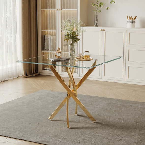 Clear Silver Glass Top Dining Table with Metal Base
