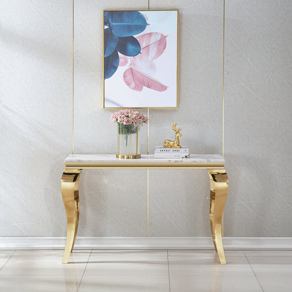 White Gold Stone-Look MDF Console Table with Metal Base