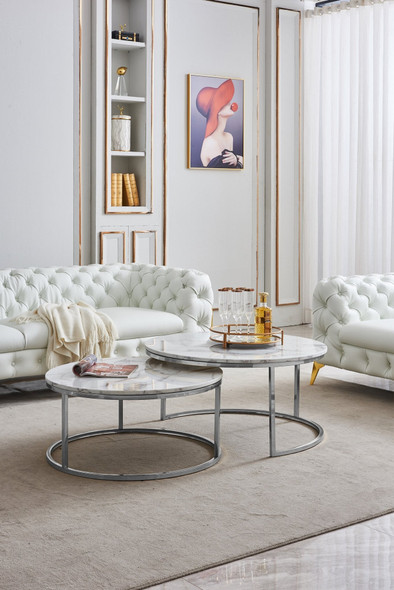 White Silver Genuine Marble Coffee Table Set