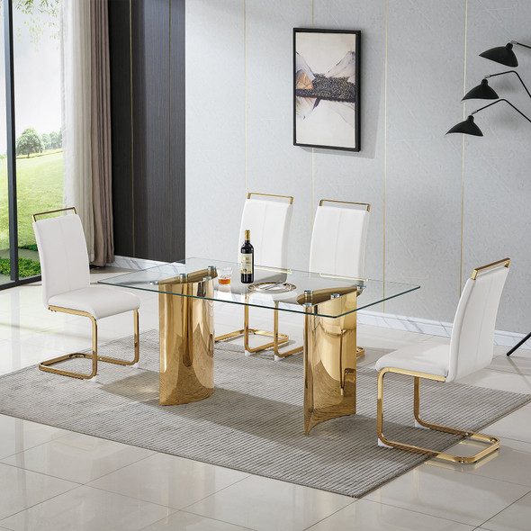 White Silver Tempered Glass Rectangular Dining Table