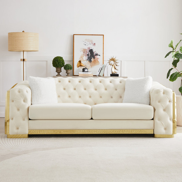 Grey Velvet Upholstered Sofa with Stainless Steel Frame