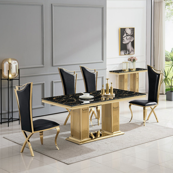White Gold Stone-Look MDF Rectangular Dining Table