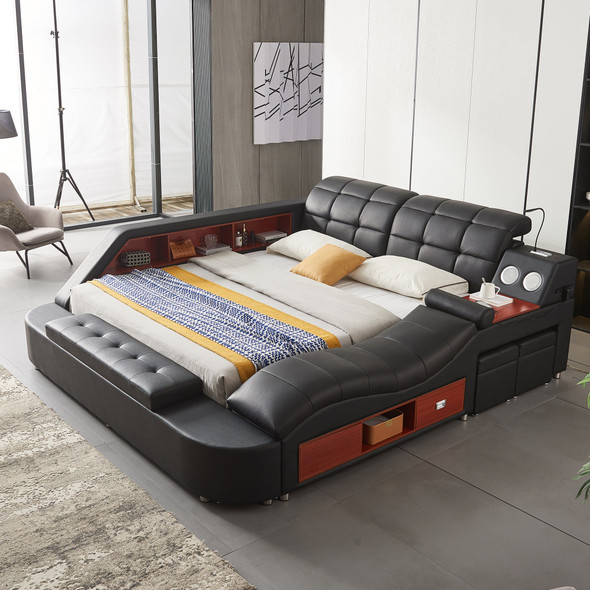 Black Leather Upholstered Queen Storage Bed