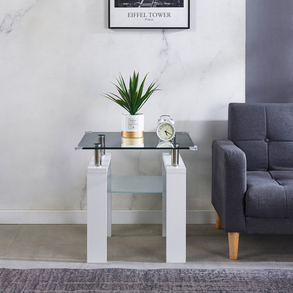 White Tempered Glass End Table with Stainless Steel Frame