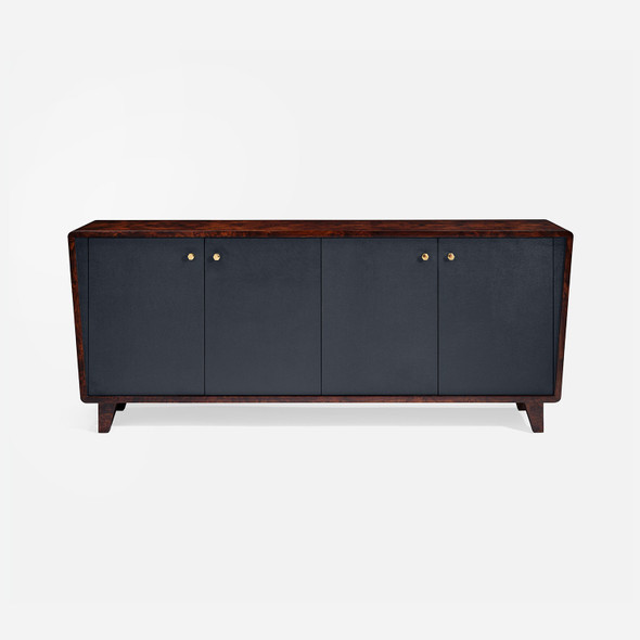 Frederick 4-Door Buffet - Dark Navy Faux Belgian Linen and Burnt Umber Mappa Burl