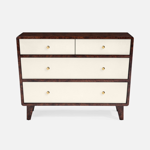 Frederick 48-Inch Dresser - White Faux Belgian Linen and Burnt Umber Mappa Burl