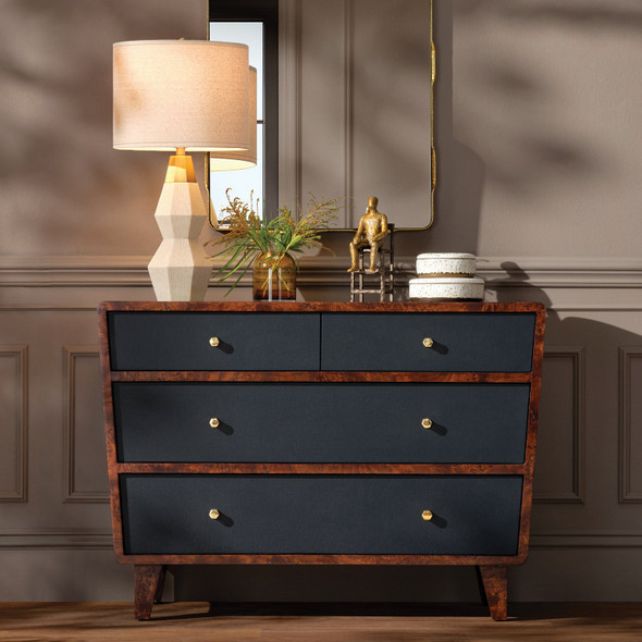 Frederick 48-Inch Dresser - White Faux Belgian Linen and Burnt Umber Mappa Burl
