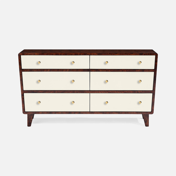 Frederick 60-Inch Dresser - White Faux Belgian Linen and Burnt Umber Mappa Burl