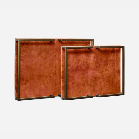 Benedict 216-Piece Tray Set - Cognac Gloss Vellum Leather and Antiqued Brass Metal - Set Of