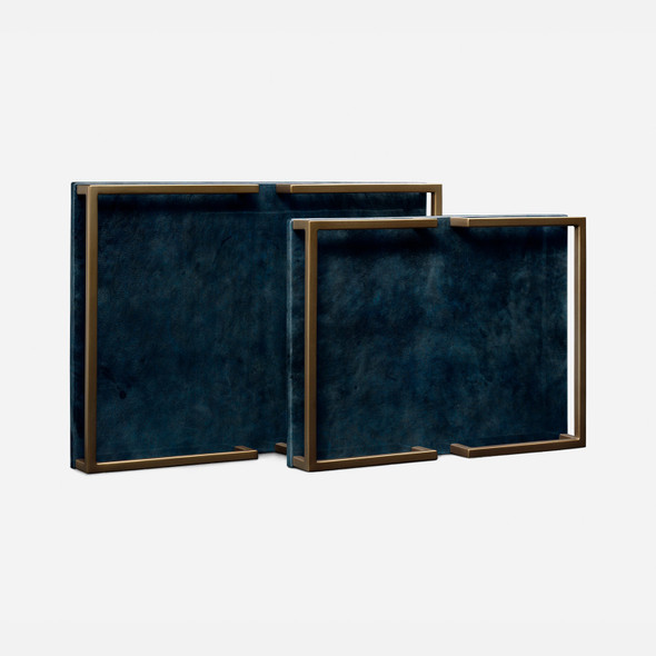 Benedict 216-Piece Tray Set - Navy Gloss Vellum Leather and Antiqued Brass Metal - Set Of
