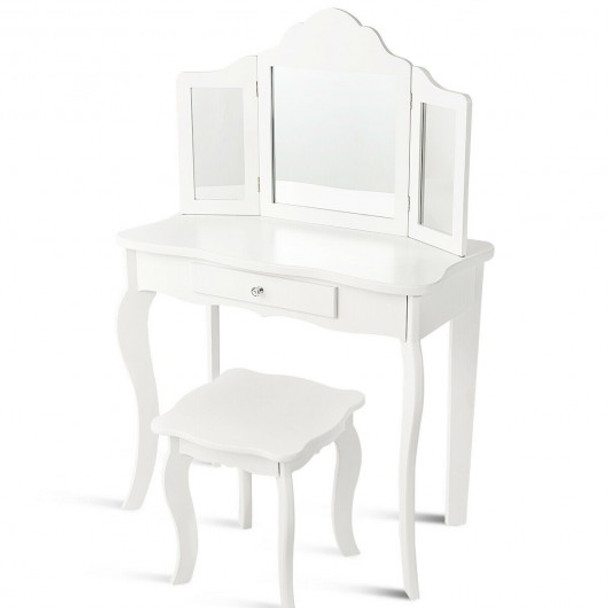 Kids Makeup Dressing Mirror Vanity Table Stool Set - COHW65929WH