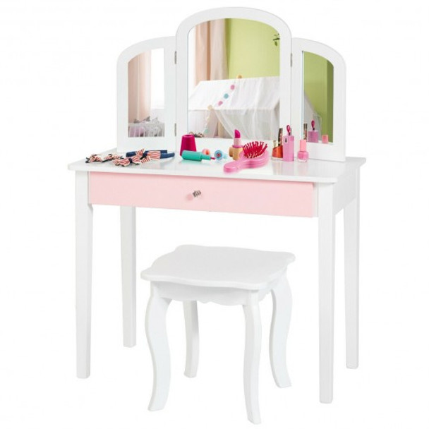 Kids Princess Make Up Dressing Table with Tri-folding Mirror & Chair-White