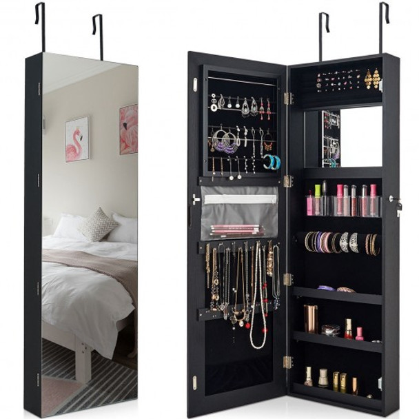 Lockable Storage Jewelry Cabinet with Frameless Mirror-Black