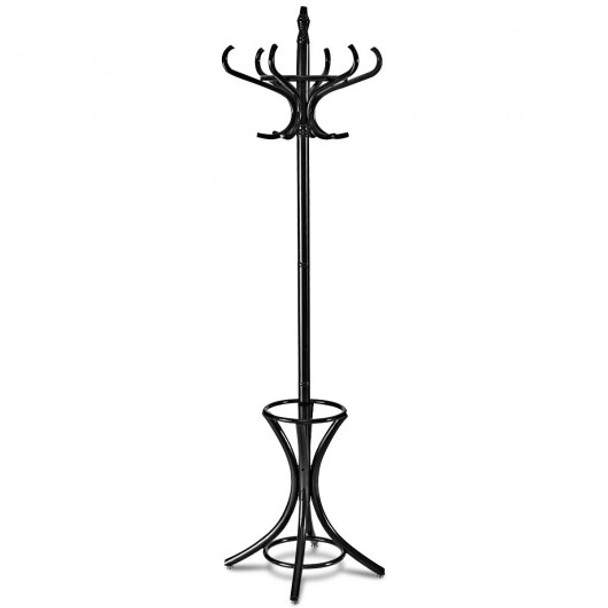 Wood Standing Hat Coat Rack with Umbrella Stand-Black