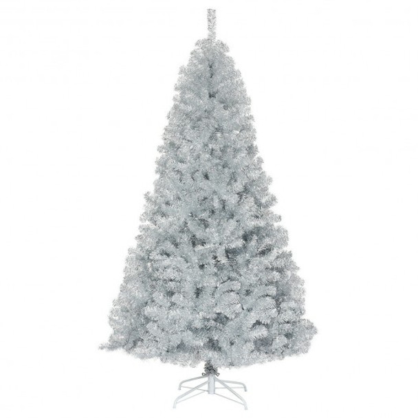 7.5Ft Hinged Unlit Artificial Silver Tinsel Christmas Tree