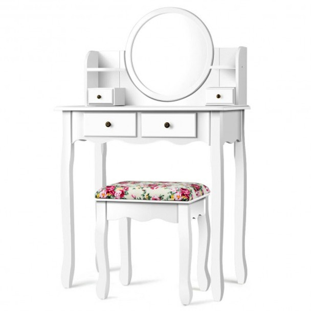 Makeup Vanity Table Set Girls Dressing Table with Drawers Oval Mirror-White