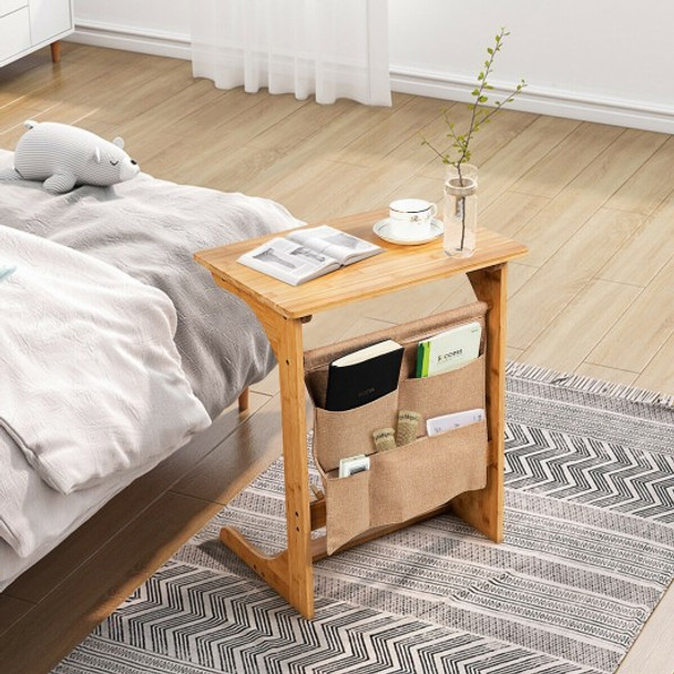 Bamboo Sofa Table End Table Bedside Table with Storage Bag