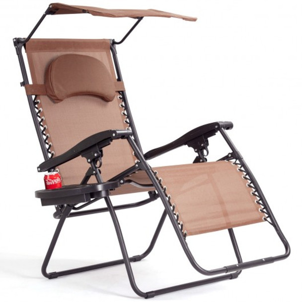 Folding Recliner Lounge Chair with Shade Canopy Cup Holder-Coffee