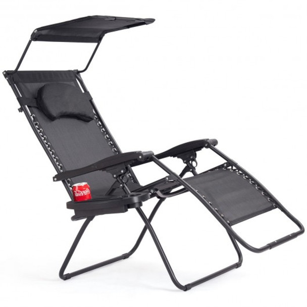 Folding Recliner Lounge Chair with Shade Canopy Cup Holder-Black