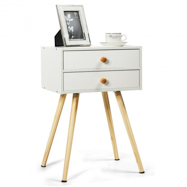 Mid Century Modern 2 Drawers Nightstand in Natural-White