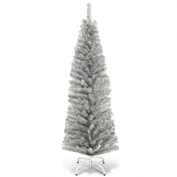 6 ft Tinsel Tree Unlit Slim Pencil Christmas Tree-Silver