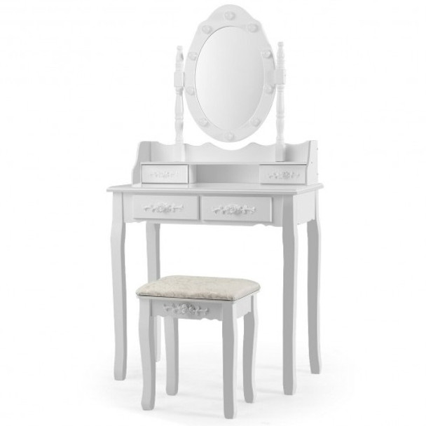 Makeup Vanity Dressing Table Set with Dimmable Bulbs Cushioned Stool-White