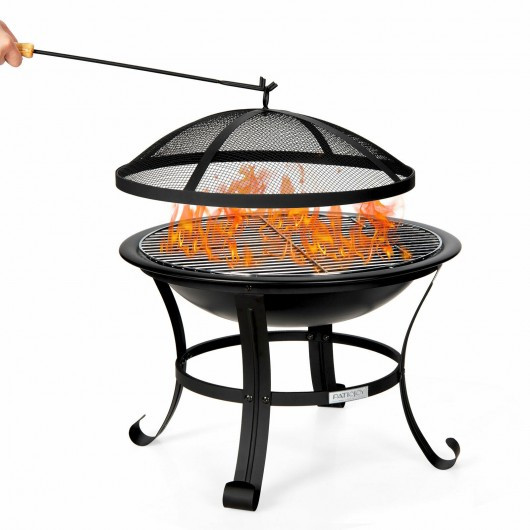 22" Steel Outdoor Fire Pit Bowl BBQ Grill With Wood Grate