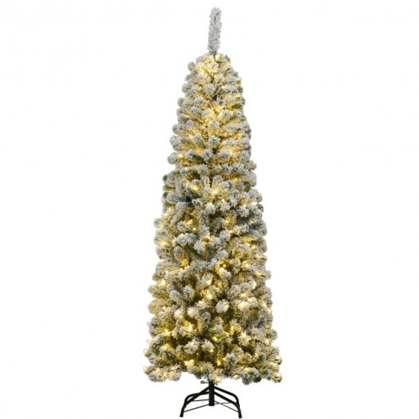 6 ft Pre-lit Snow Flocked Artificial Pencil Christmas Pine Tree with 250 LED Lights