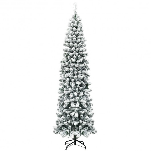 7.5ft Unlit Hinged Snow Flocked Artificial Pencil Christmas Tree with 641 Tips