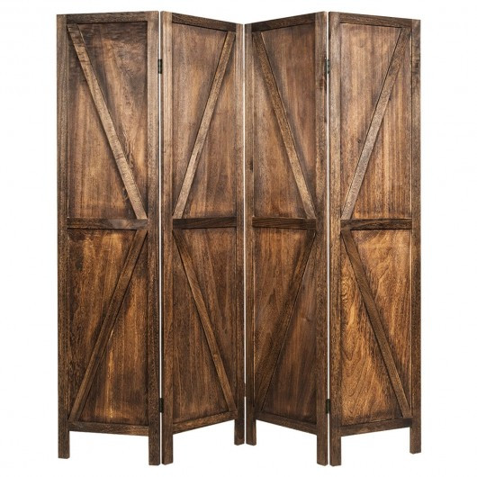 4 Panels Folding Wooden Room Divider-Brown