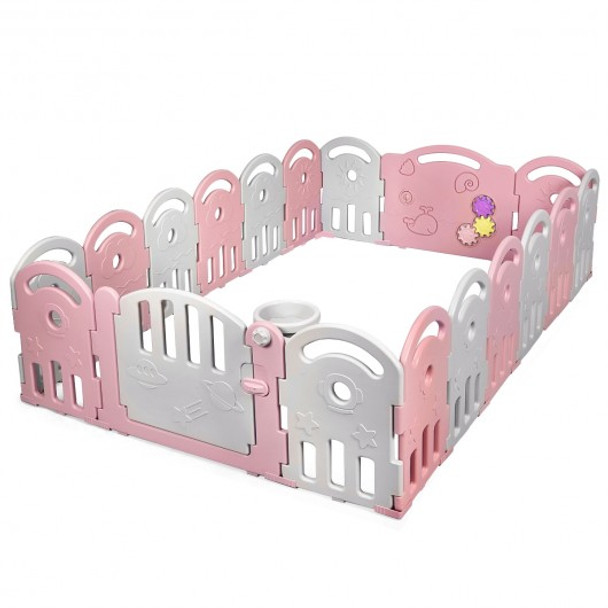 18-Panel Baby Playpen with Music Box & Basketball Hoop-Pink