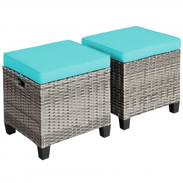 2PCS Patio Rattan Wicker Ottoman Seat with Removable Cushions Without Blower-Turquoise