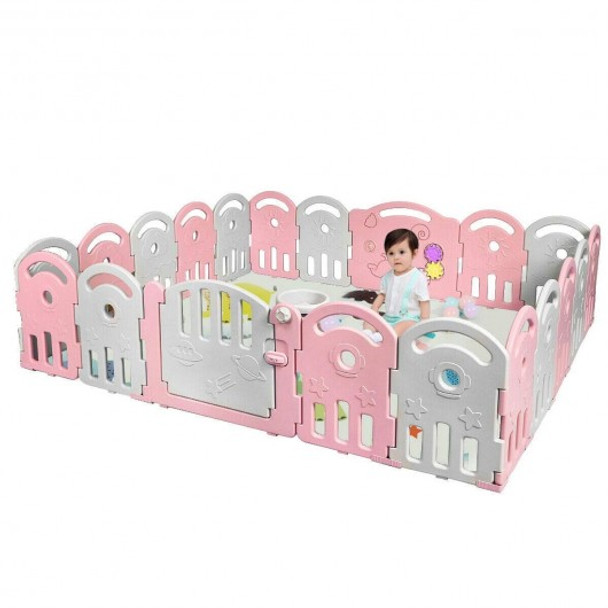 20-Panel Playpen with Music Box & Basketball Hoop-Pink