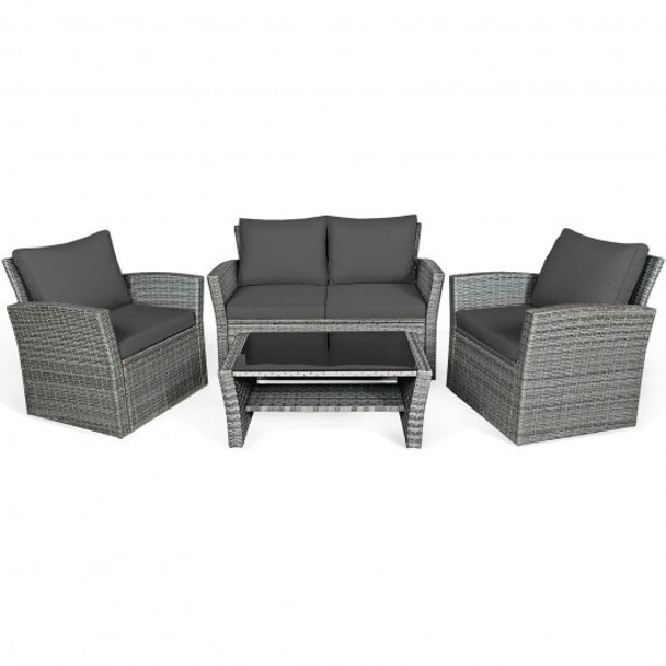 4 Pcs Patio Rattan Furniture Set Sofa Table with Storage Shelf Cushion-Gray